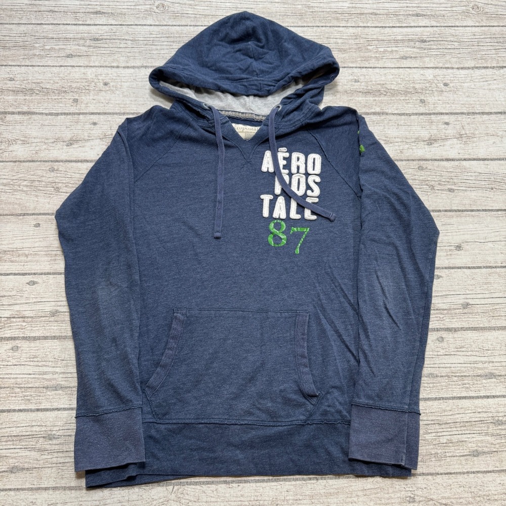Y2K Aeropostale Hoodie Men's Medium Blue Graphic Logo Raglan Pullover Sweatshirt
